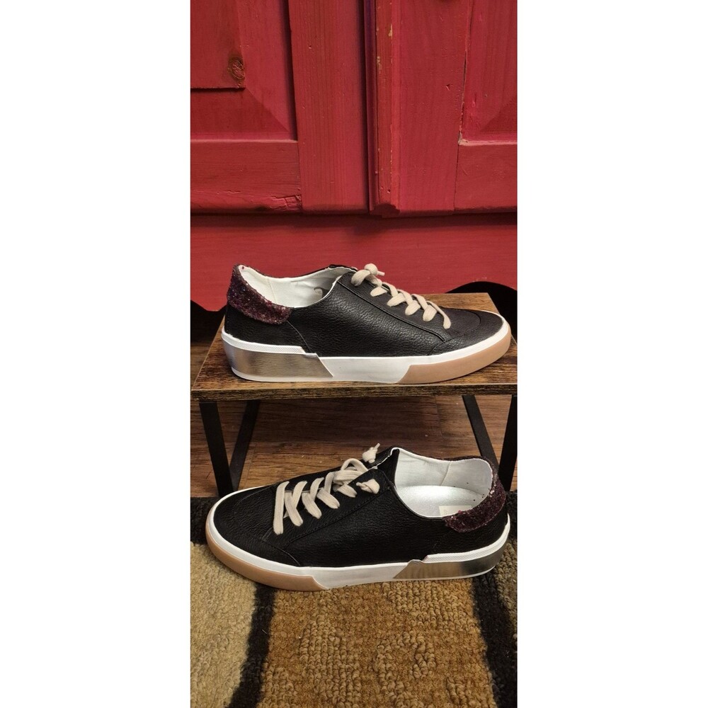 Dolce Vita 6.5 Zina Black Leather Glitter Sneakers Zuma Glitter Heel Silver